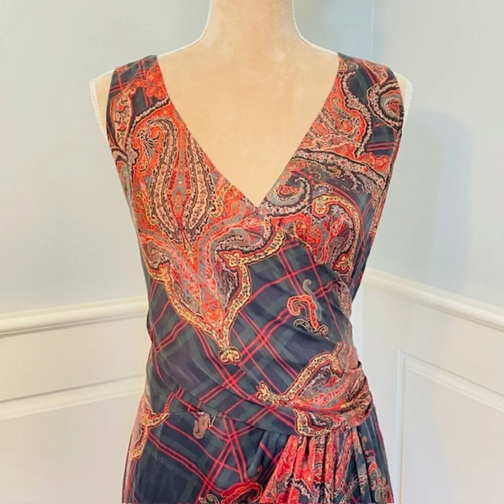Lauren Ralph Lauren Silk Dress Paisley Plaid Wrap Style Midi Sleeveless 14